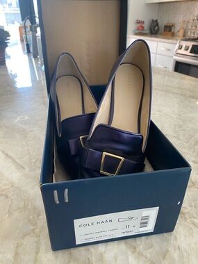 Cole Haan Metallic Navy Loafers with Gold Buckle Accent